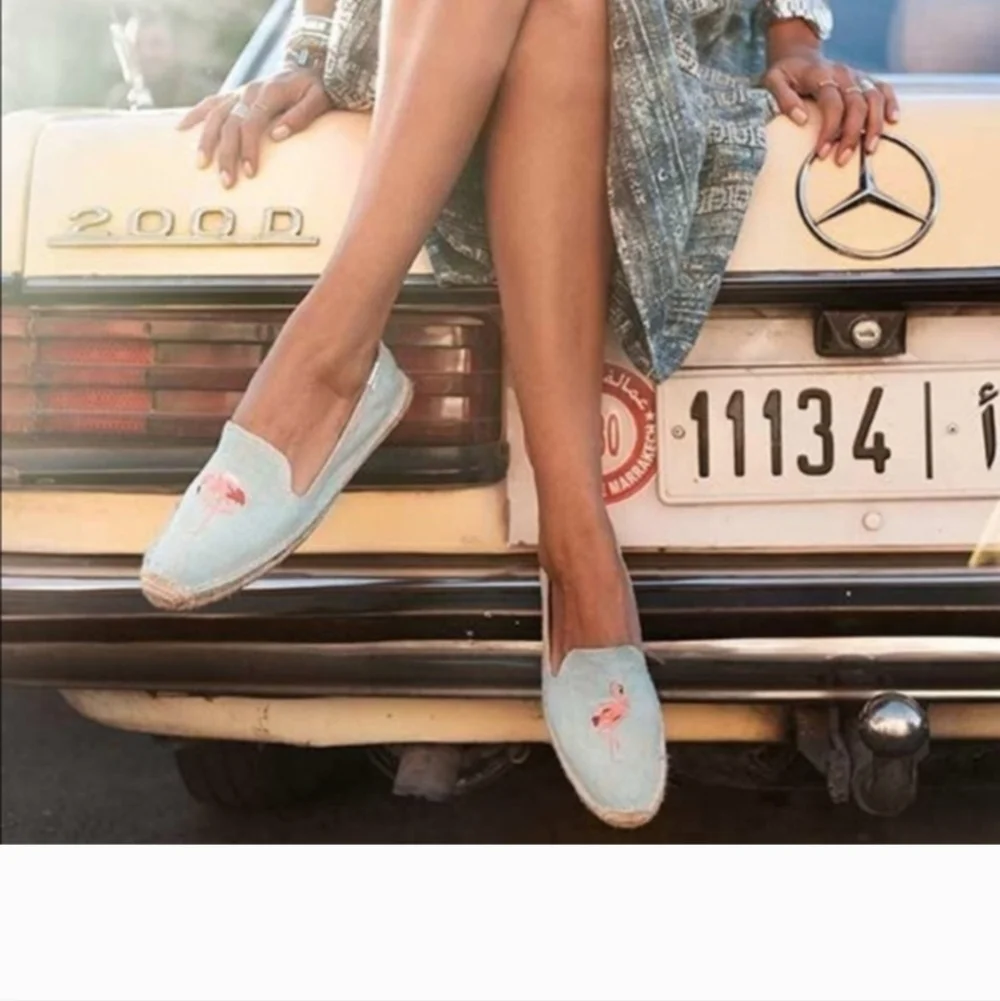 Soludos Gray Espadrilles with Pink Flamingo Embroidery